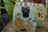  Đôn Trống khắc hoạ tiết Phi Tần tay cầm hình khối, Màu Mint, gốm mỹ nghệ Nam Bộ, C44 x R35 x M24cm  - SP035918 