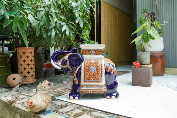  ĐHĐ, Đôn Voi Xanh Cobalt viền cam, Đôn voi truyền thống, Gốm Nam Bộ, C43 x R50cm 