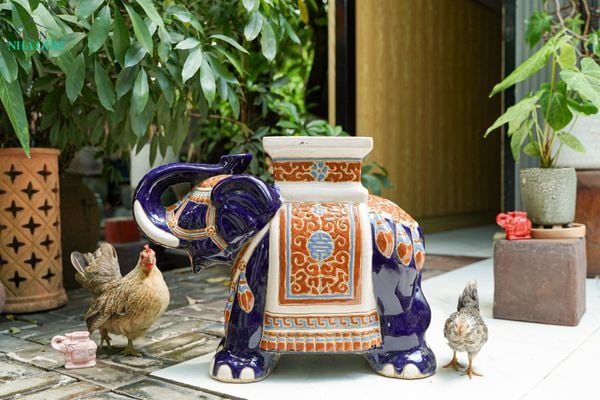  ĐHĐ, Đôn Voi Xanh Cobalt viền cam, Đôn voi truyền thống, Gốm Nam Bộ, C43 x R50cm 