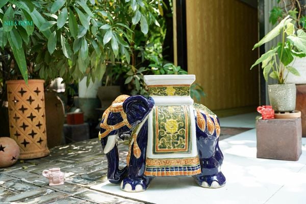  ĐHĐ, Đôn Voi Xanh Cobalt viền xanh lá, Đôn voi truyền thống, Gốm Nam Bộ, C43 x R50cm 