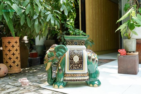  ĐHĐ, Đôn Voi Xanh lá Viền Đen, Đôn voi truyền thống, Gốm Nam Bộ, C43 x R50cm 