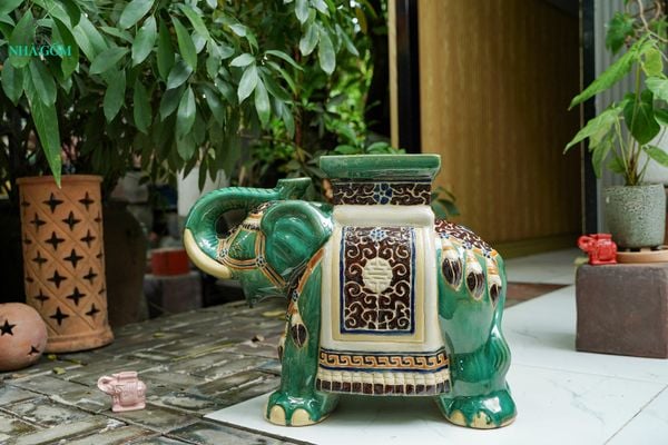  ĐHĐ, Đôn Voi Xanh lá Viền Đen, Đôn voi truyền thống, Gốm Nam Bộ, C43 x R50cm 