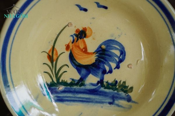  [TẾT] Dĩa Nhỏ Vẽ Gà (lò gas) - Chén Bát Lái Thiêu - Cao 3cm x Rộng 15cm. 