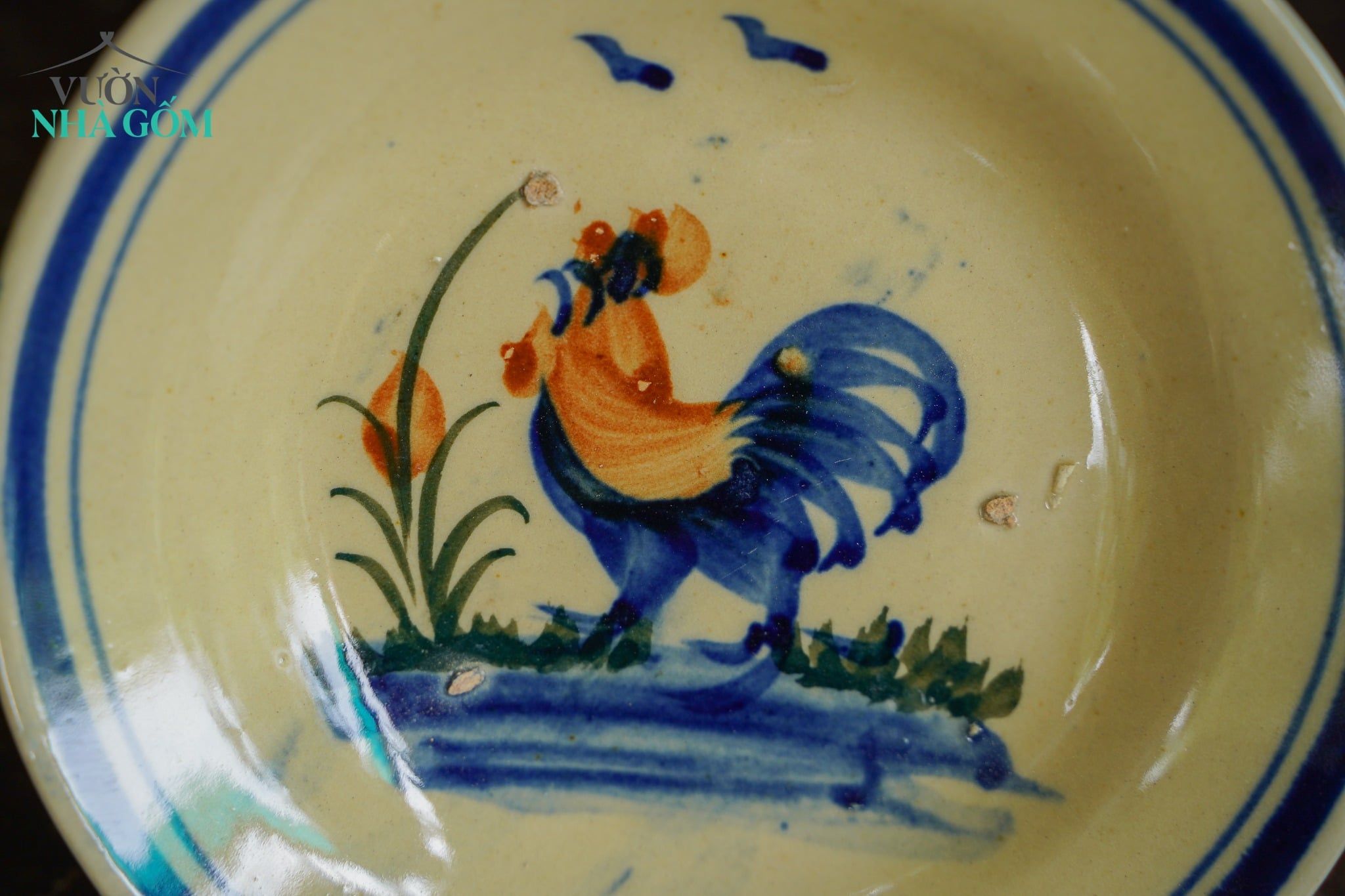  [TẾT] Dĩa Nhỏ Vẽ Gà (lò gas) - Chén Bát Lái Thiêu - Cao 3cm x Rộng 15cm. 