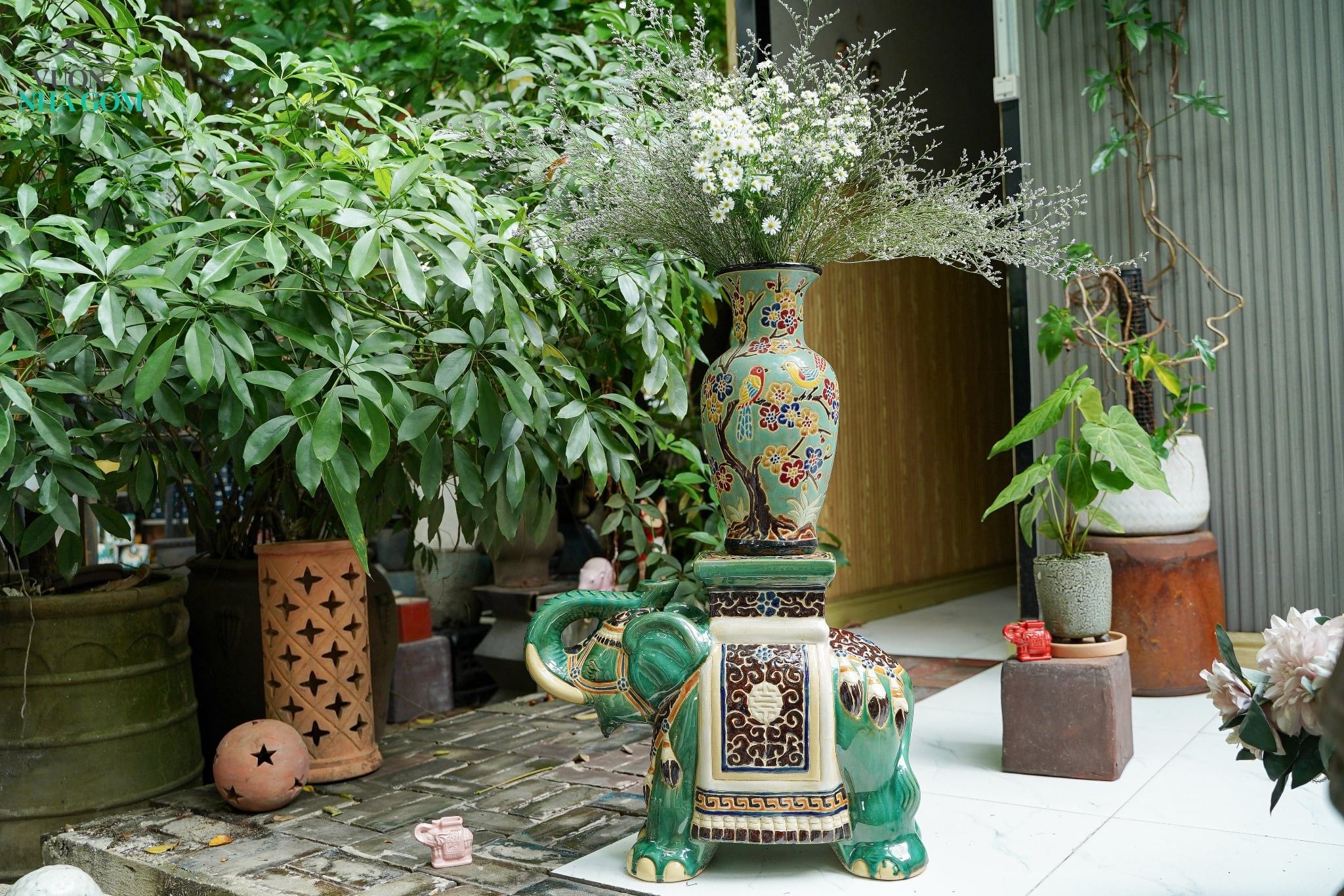  ĐHĐ, Đôn Voi Xanh lá Viền Đen, Đôn voi truyền thống, Gốm Nam Bộ, C43 x R50cm 