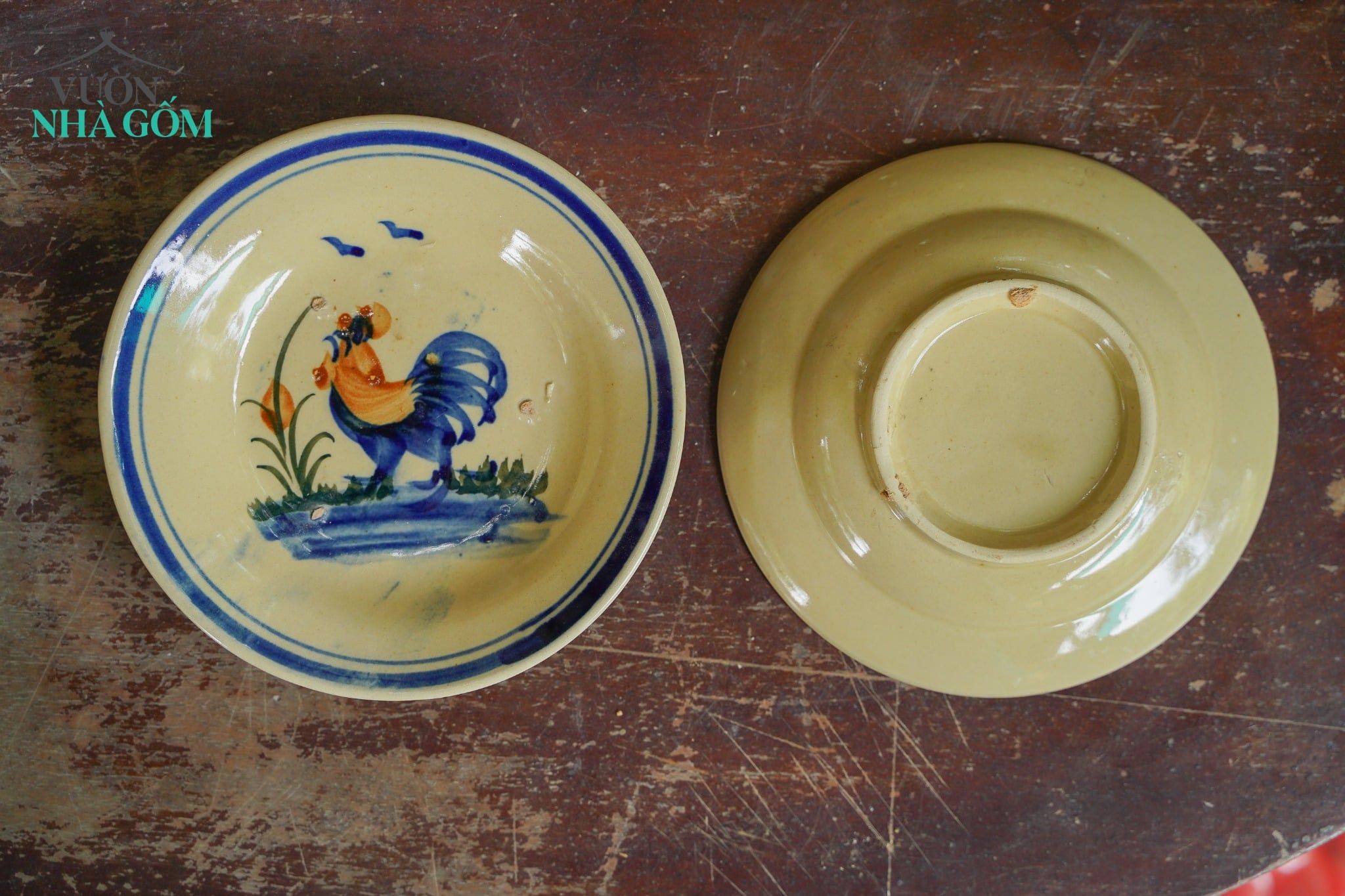  [TẾT] Dĩa Nhỏ Vẽ Gà (lò gas) - Chén Bát Lái Thiêu - Cao 3cm x Rộng 15cm. 