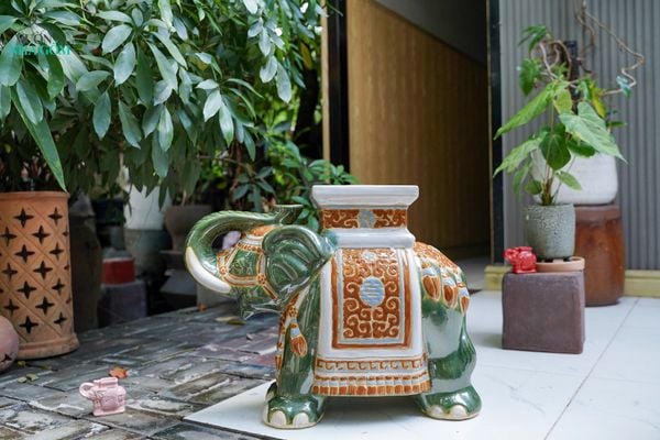  ĐHĐ, Đôn Voi Xanh lá Viền Cam, Đôn voi truyền thống, Gốm Nam Bộ, C43 x R50cm 