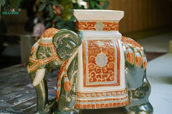  ĐHĐ, Đôn Voi Xanh lá Viền Cam, Đôn voi truyền thống, Gốm Nam Bộ, C43 x R50cm 