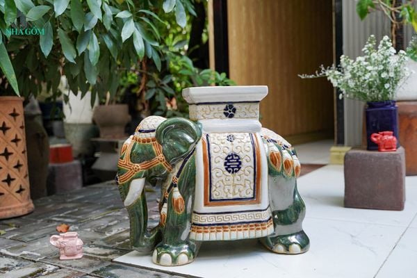  ĐHĐ, Đôn Voi Xanh lá viền trắng, Đôn voi truyền thống, Gốm Nam Bộ, C43 x R50cm 