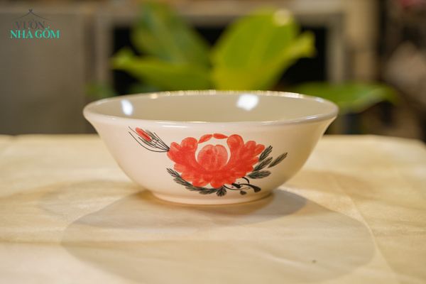  Tô Gốm Vẽ Tay Bông Đỏ – Vườn Nhà Gốm – Dùng Ăn Phở, Canh – Size 20cm / 21cm. 