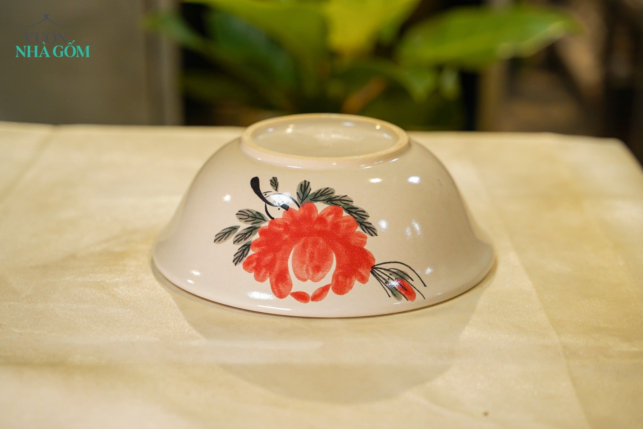  Tô Gốm Vẽ Tay Bông Đỏ – Vườn Nhà Gốm – Dùng Ăn Phở, Canh – Size 20cm / 21cm. 