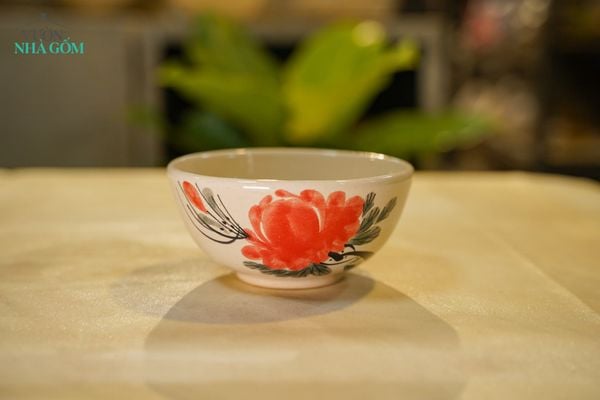  Chén Cơm Vẽ Tay Bông Đỏ – Vườn Nhà Gốm – Dùng Ăn Cơm, soup – Size 12cm 