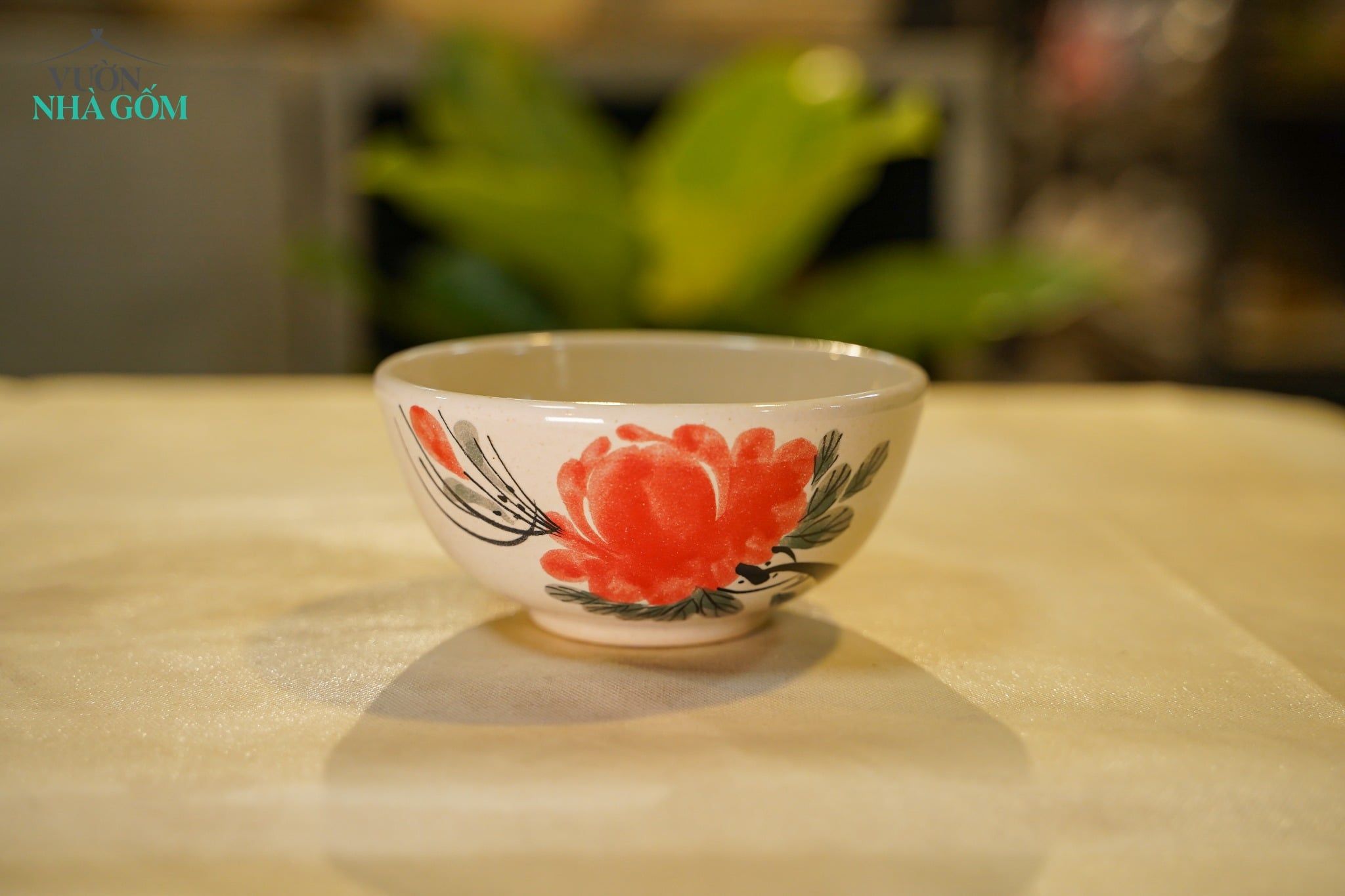  Chén Cơm Vẽ Tay Bông Đỏ – Vườn Nhà Gốm – Dùng Ăn Cơm, soup – Size 12cm 