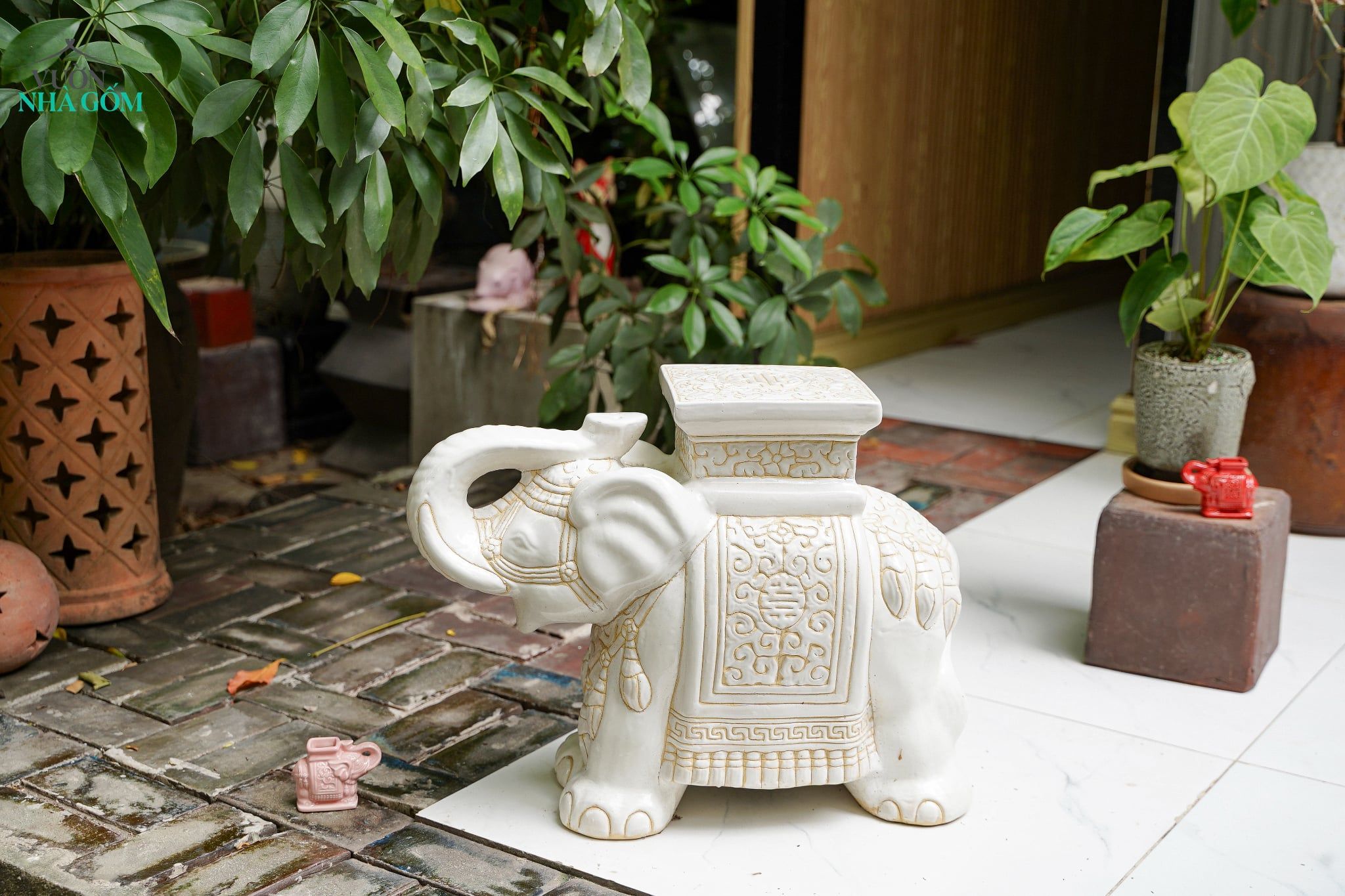  ĐHĐ, Đôn Voi Full Trắng, Đôn voi truyền thống, Gốm Nam Bộ, C43 x R50cm 