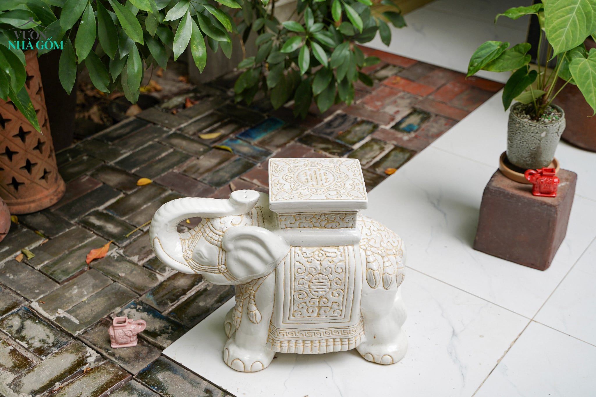  ĐHĐ, Đôn Voi Full Trắng, Đôn voi truyền thống, Gốm Nam Bộ, C43 x R50cm 