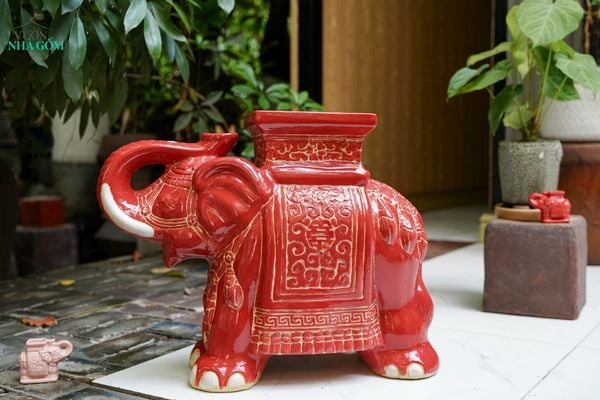  ĐHĐ, Đôn Voi Full Đỏ, Đôn voi truyền thống, Gốm Nam Bộ, C43 x R50cm 