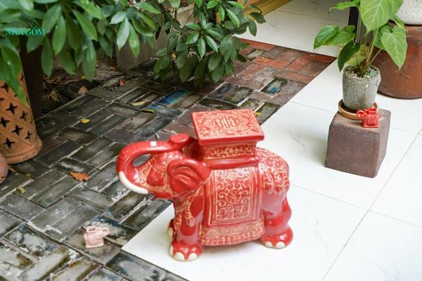  ĐHĐ, Đôn Voi Full Đỏ, Đôn voi truyền thống, Gốm Nam Bộ, C43 x R50cm 