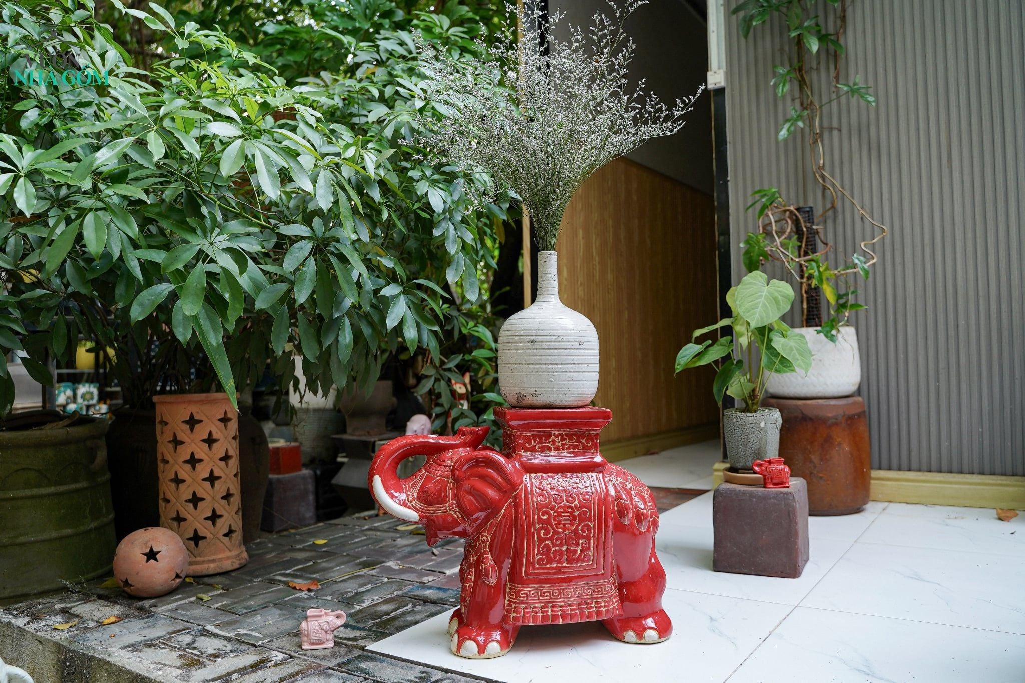  ĐHĐ, Đôn Voi Full Đỏ, Đôn voi truyền thống, Gốm Nam Bộ, C43 x R50cm 