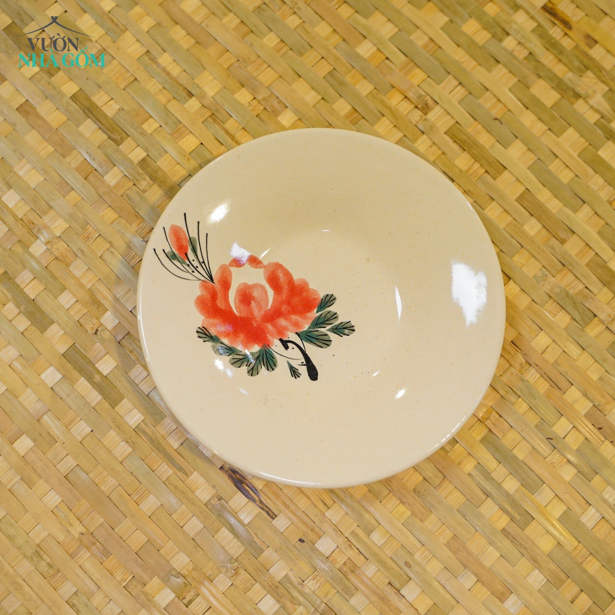  Dĩa Nhỏ Vẽ Tay Bông Đỏ – Vườn Nhà Gốm – Dùng Đựng Đồ Ăn – Size R16xC3. 
