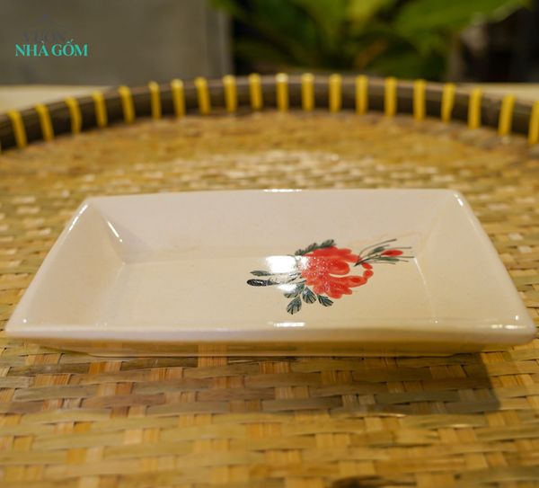  Dĩa Chữ Nhật Vẽ Tay Bông Đỏ – Vườn Nhà Gốm – Dùng Đựng Món Ăn – Size 21cm\29cm. 