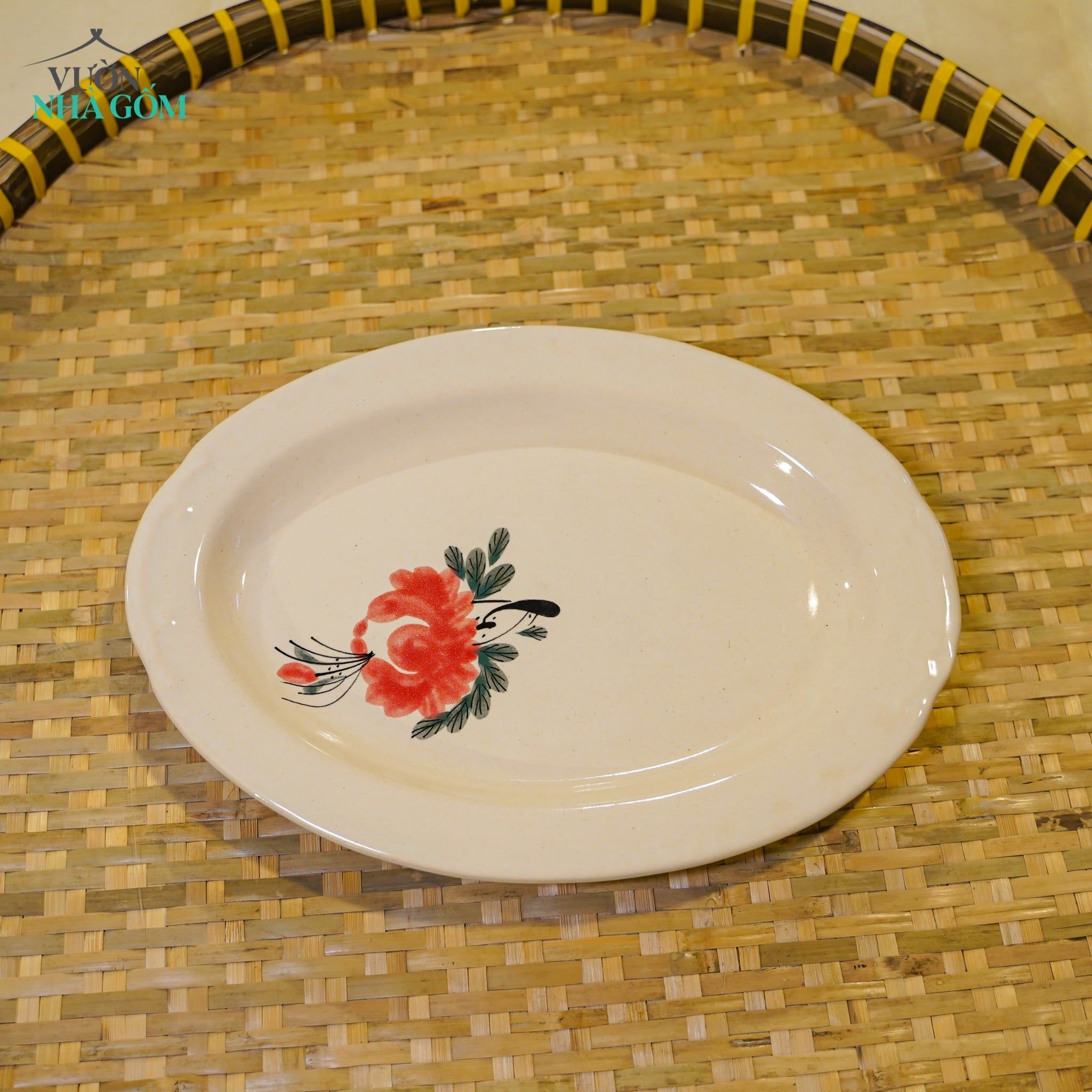  Dĩa Hột Xoài Vẽ Tay Bông Đỏ – Vườn Nhà Gốm – Dùng Đựng Đồ Ăn – Size D30xR21xC3 