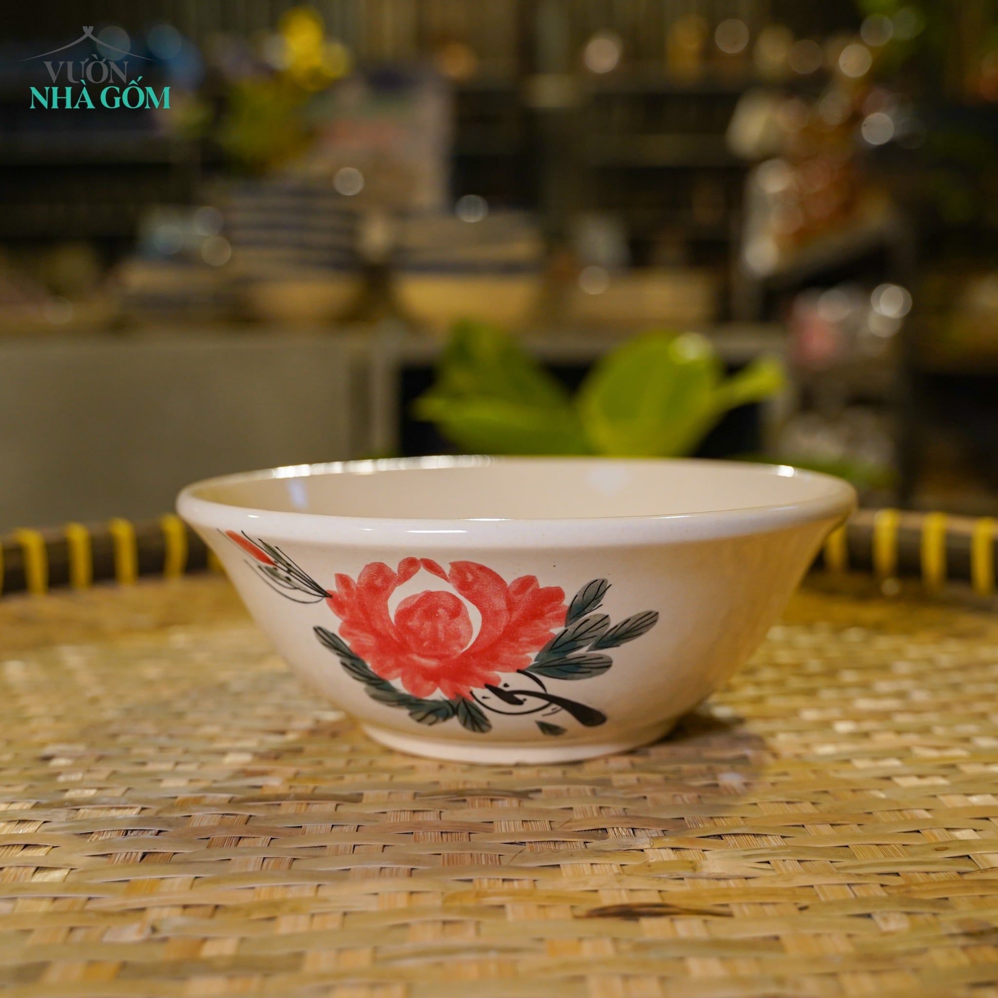  Tô Gốm Vẽ Tay Bông Đỏ – Vườn Nhà Gốm – Dùng Ăn Phở, Canh – Size 20cm / 21cm. 