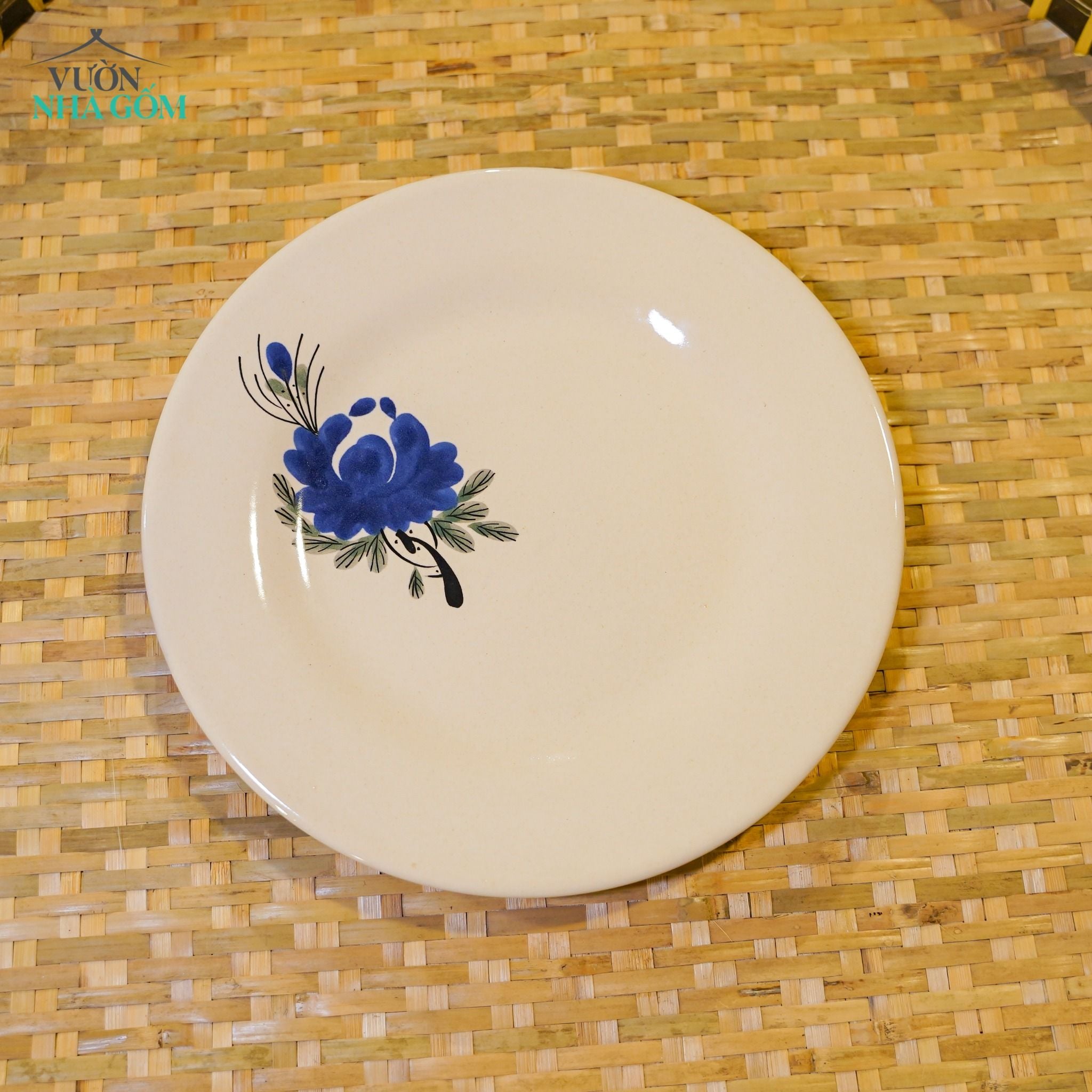  Dĩa Dẹt Vẽ Tay Bông Xanh – Vườn Nhà Gốm – Dùng Đựng Đồ Ăn – Size 21cm\ 25cm\27cm. 