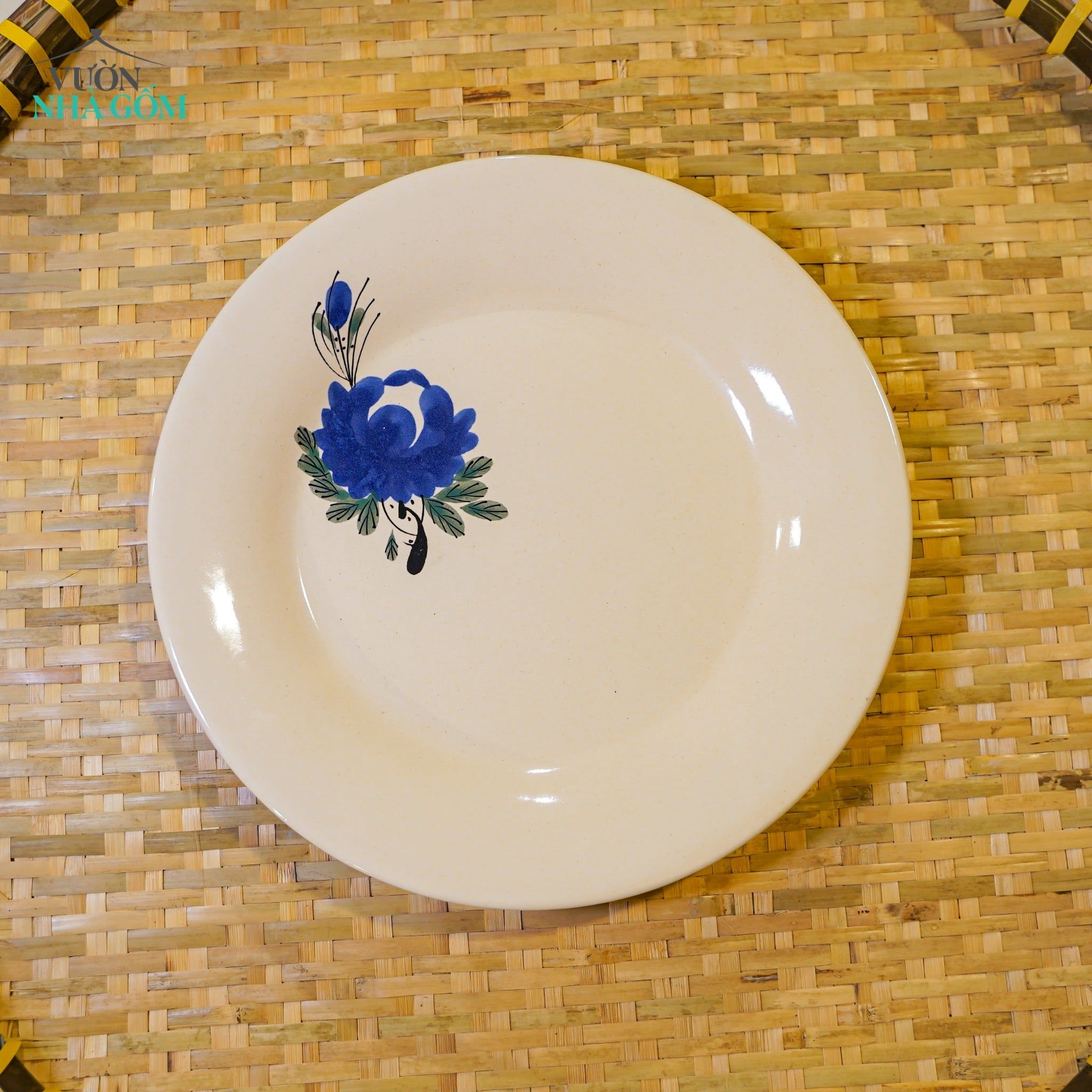 Dĩa Dẹt Vẽ Tay Bông Xanh – Vườn Nhà Gốm – Dùng Đựng Đồ Ăn – Size 21cm\ 25cm\27cm. 
