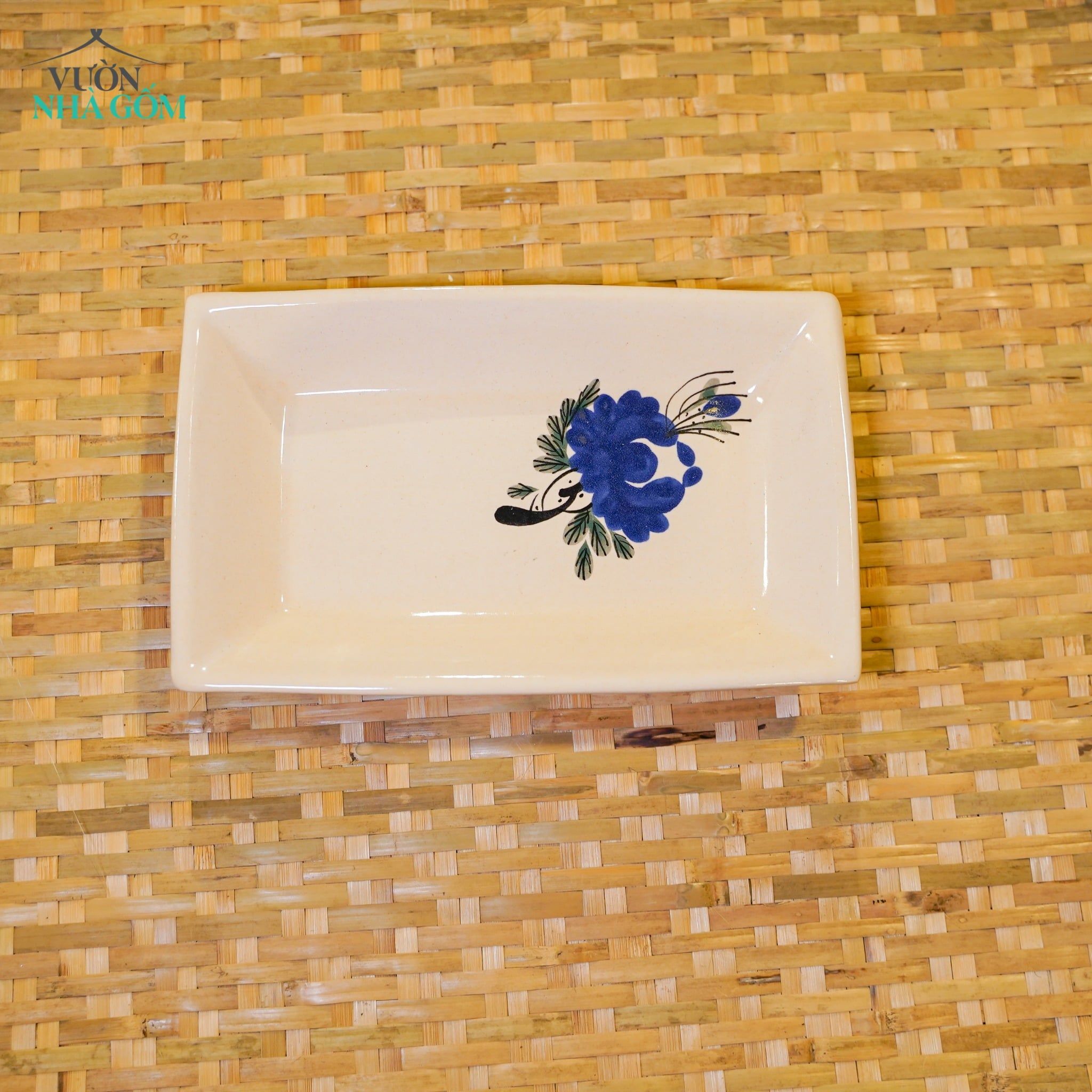  Dĩa Chữ Nhật Vẽ Tay Bông Xanh – Vườn Nhà Gốm – Dùng Đựng Món Ăn – Size 21cm\29cm. 