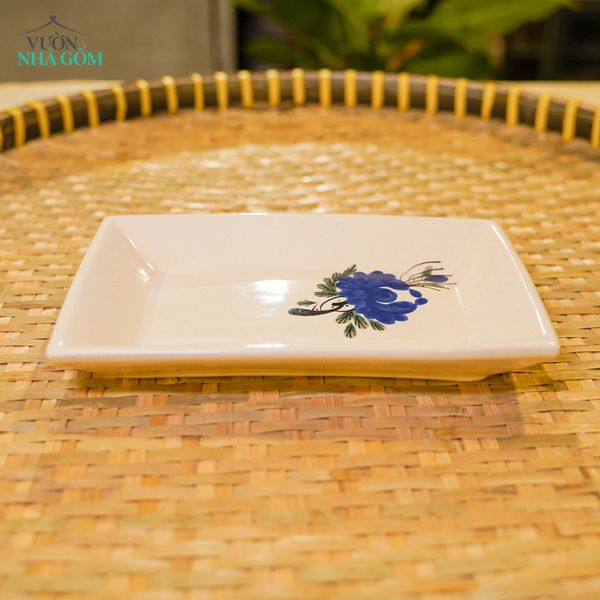  Dĩa Chữ Nhật Vẽ Tay Bông Xanh – Vườn Nhà Gốm – Dùng Đựng Món Ăn – Size 21cm\29cm. 