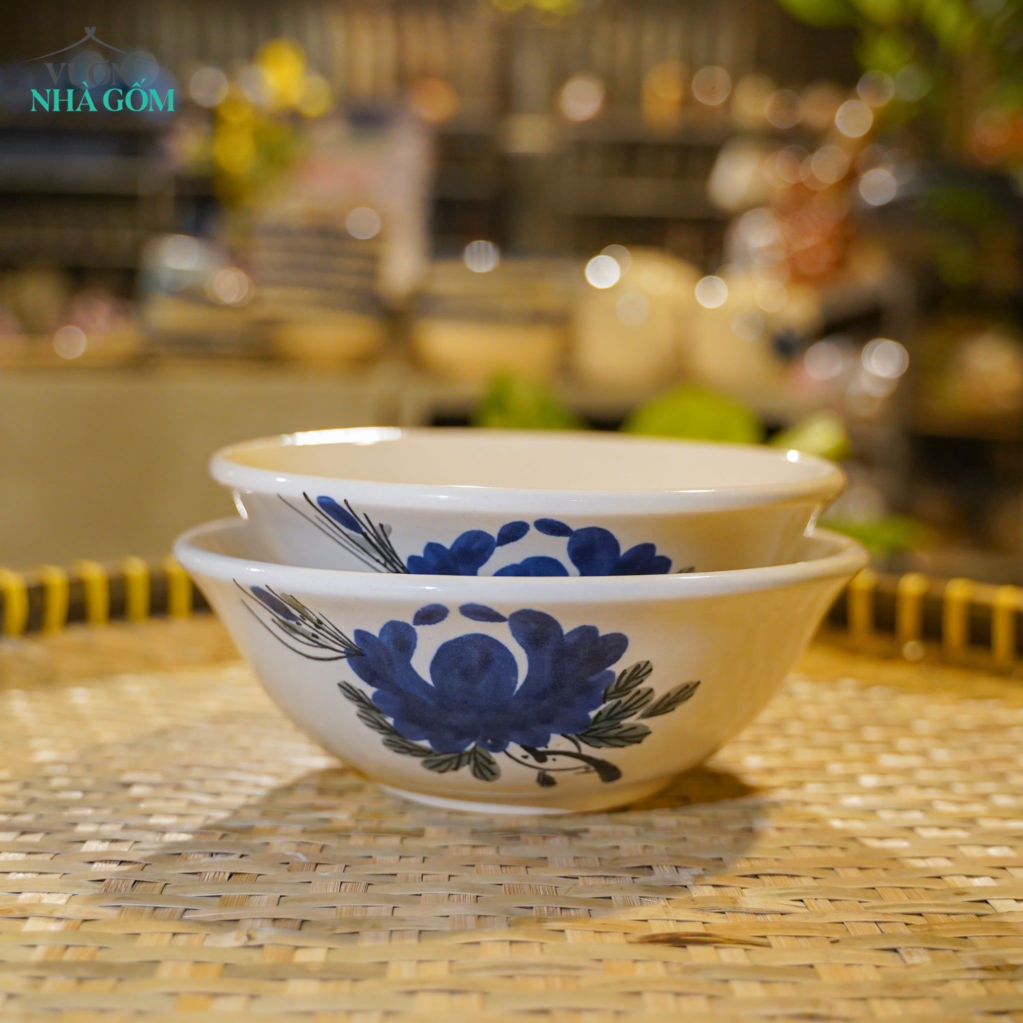  Tô Gốm Vẽ Tay Bông Xanh – Vườn Nhà Gốm – Dùng Ăn Phở, Canh – Size 20cm / 21cm. 