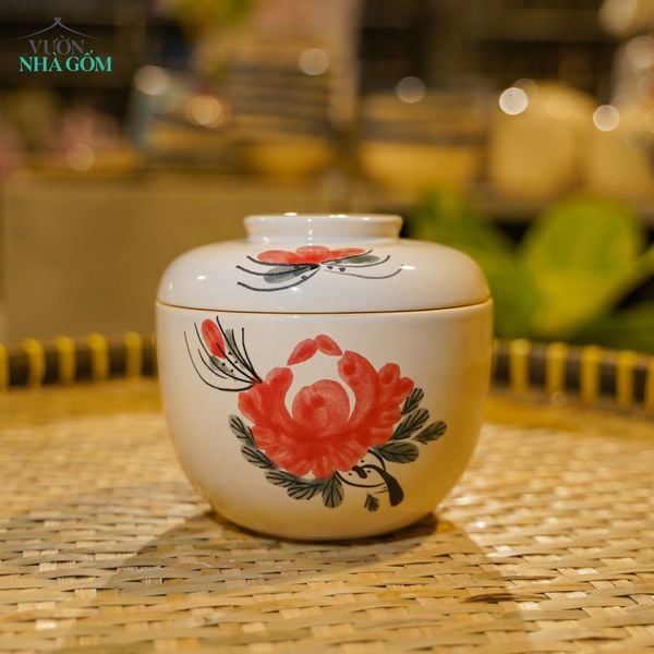  Thố Gốm 14cm Vẽ Tay Bông Đỏ – Vườn Nhà Gốm – Thố Đựng Mỡ, Dưa Muối. 