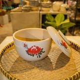  Thố Gốm 16cm Vẽ Tay Bông Đỏ – Vườn Nhà Gốm – Thố Đựng Mỡ, Cơm, Canh. 