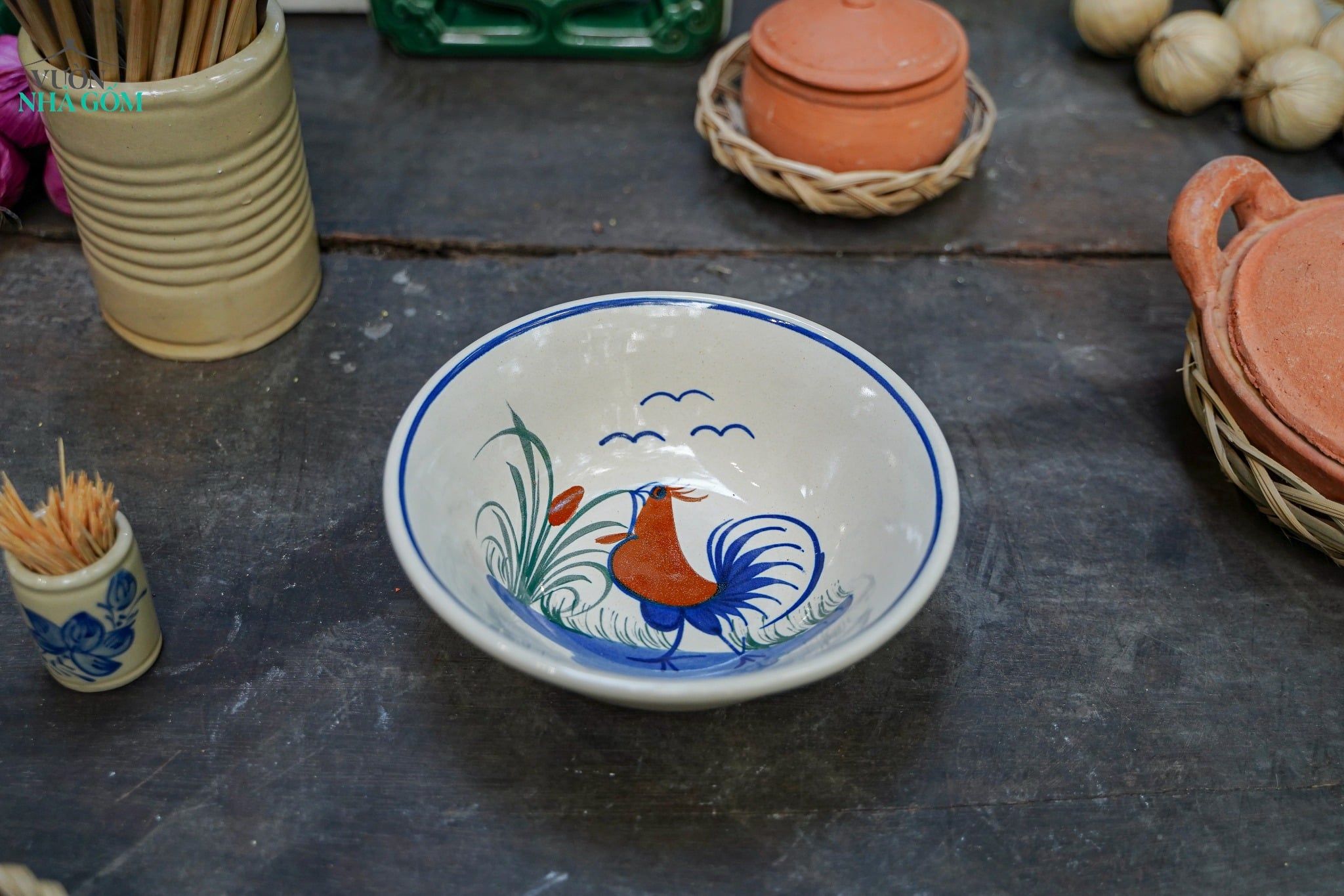  Tô Tượng Gốm Vẽ Tay Gà Dầu – Vườn Nhà Gốm – Dùng Ăn Phở, Canh – Size 20cm 