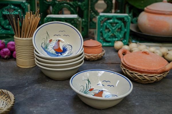  Tô Tượng Gốm Vẽ Tay Gà Dầu – Vườn Nhà Gốm – Dùng Ăn Phở, Canh – Size 20cm 