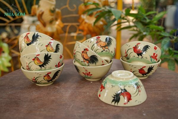  [TẾT] Chén Vẽ Gà Cao Cấp - Gốm Thủ Biên - Sản Phẩm Vẽ Tay Thủ Công - Rộng 12cm 
