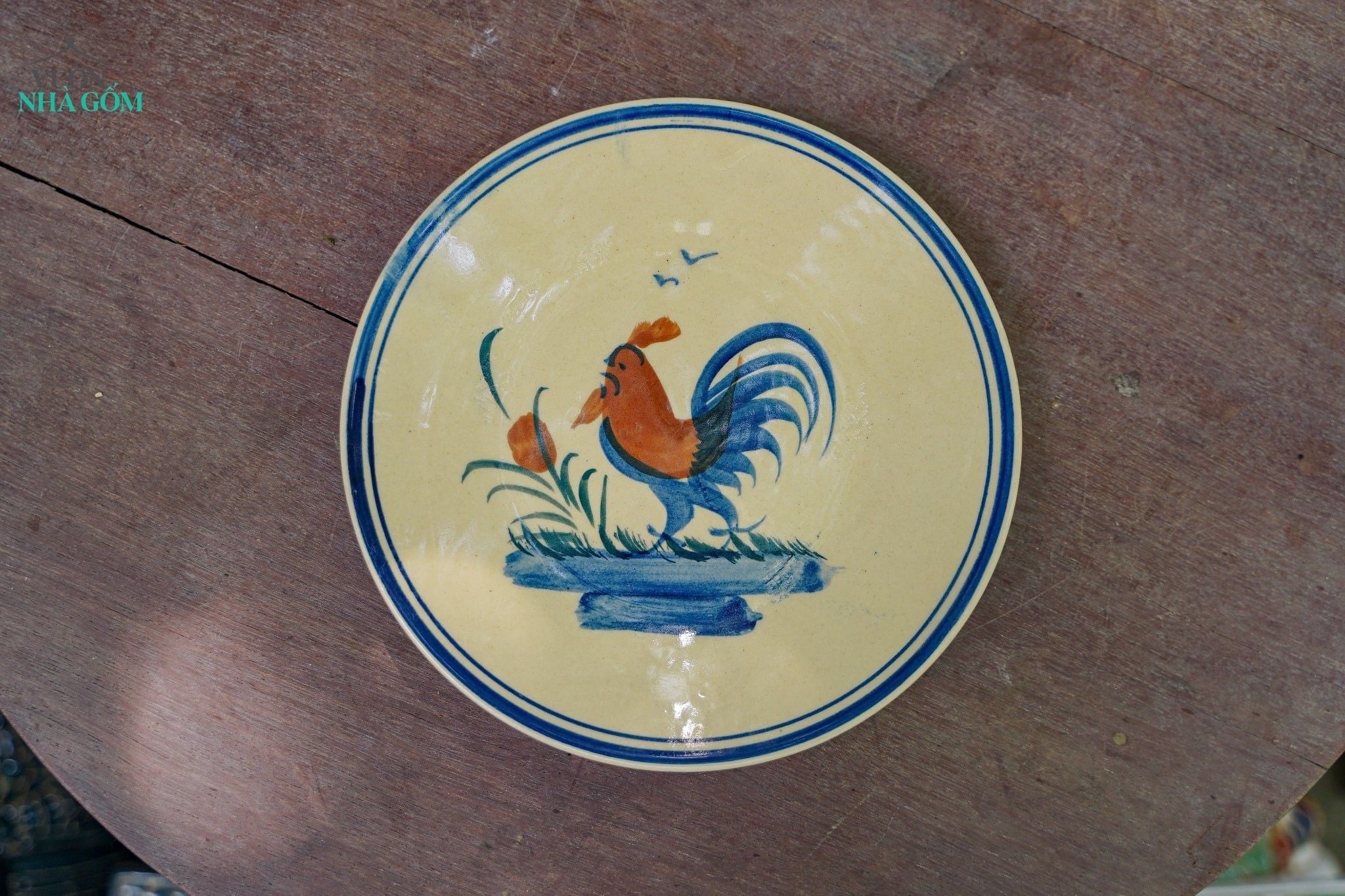  [TẾT] Dĩa Dẹt Vẽ Gà - Chén Bát Lái Thiêu - Dĩa Cơm Tấm - Rộng 22cm x Cao 3cm. 