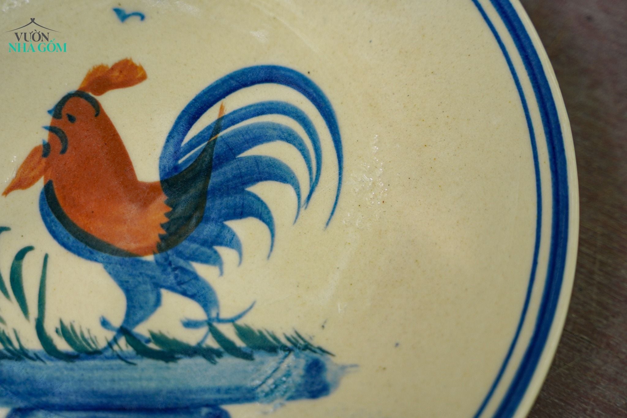  [TẾT] Dĩa Dẹt Vẽ Gà - Chén Bát Lái Thiêu - Dĩa Cơm Tấm - Rộng 22cm x Cao 3cm. 