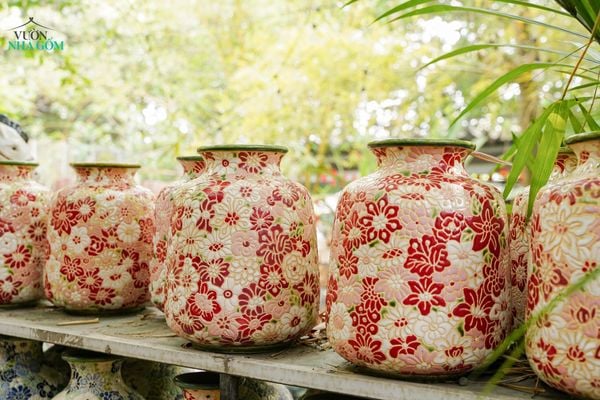  Bình Bách Hoa Dáng Bầu - Bình Gốm Khắc Thủ Công - C28 x R22cm - SP036020 