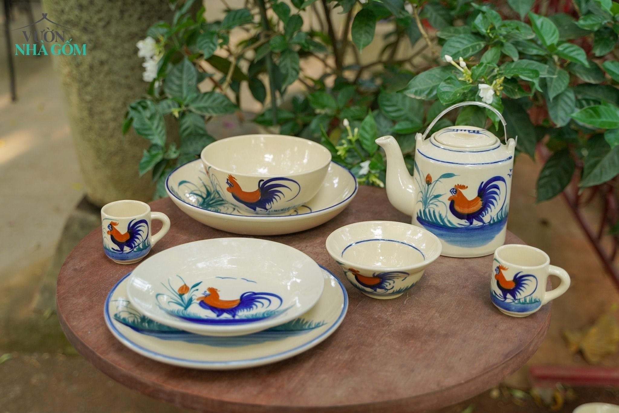  [TẾT] Bộ Bình Gà trống Dân Dã - 5 Tách, 1 Bình Trà & 1 Dĩa Đựng - Gốm Lái Thiêu Nam Bộ. 