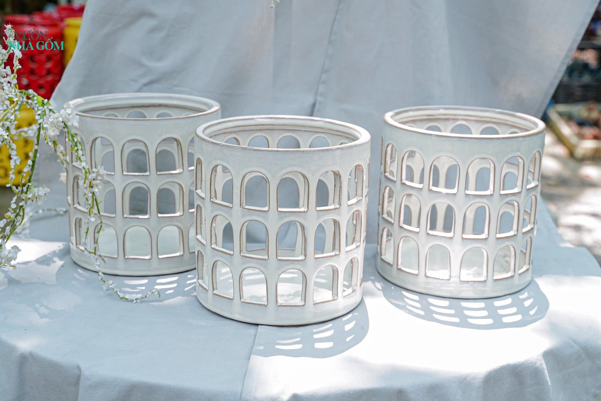  Đèn Gốm Lọng Ô Cửa, Trang Trí Nhà Cửa, Decor Sân Vườn,  Cao 21cm x Rộng 21cm 