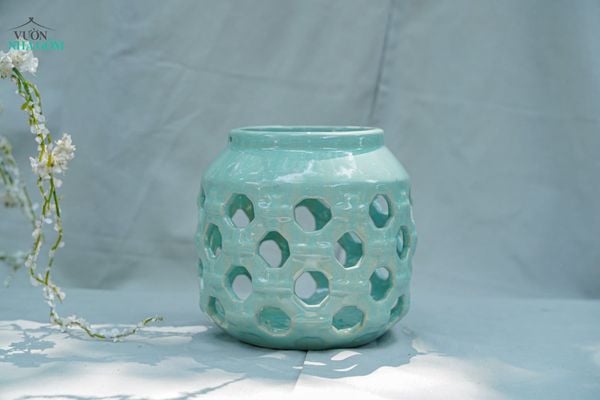  Đèn Gốm Lọng Lục Giác Chấm Bi, Trang Trí Nhà Cửa, Decor Sân Vườn, Cao 17cm x Rộng 17cm 