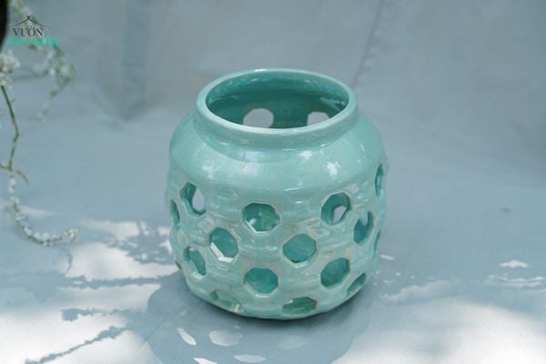  Đèn Gốm Lọng Lục Giác Chấm Bi, Trang Trí Nhà Cửa, Decor Sân Vườn, Cao 17cm x Rộng 17cm 