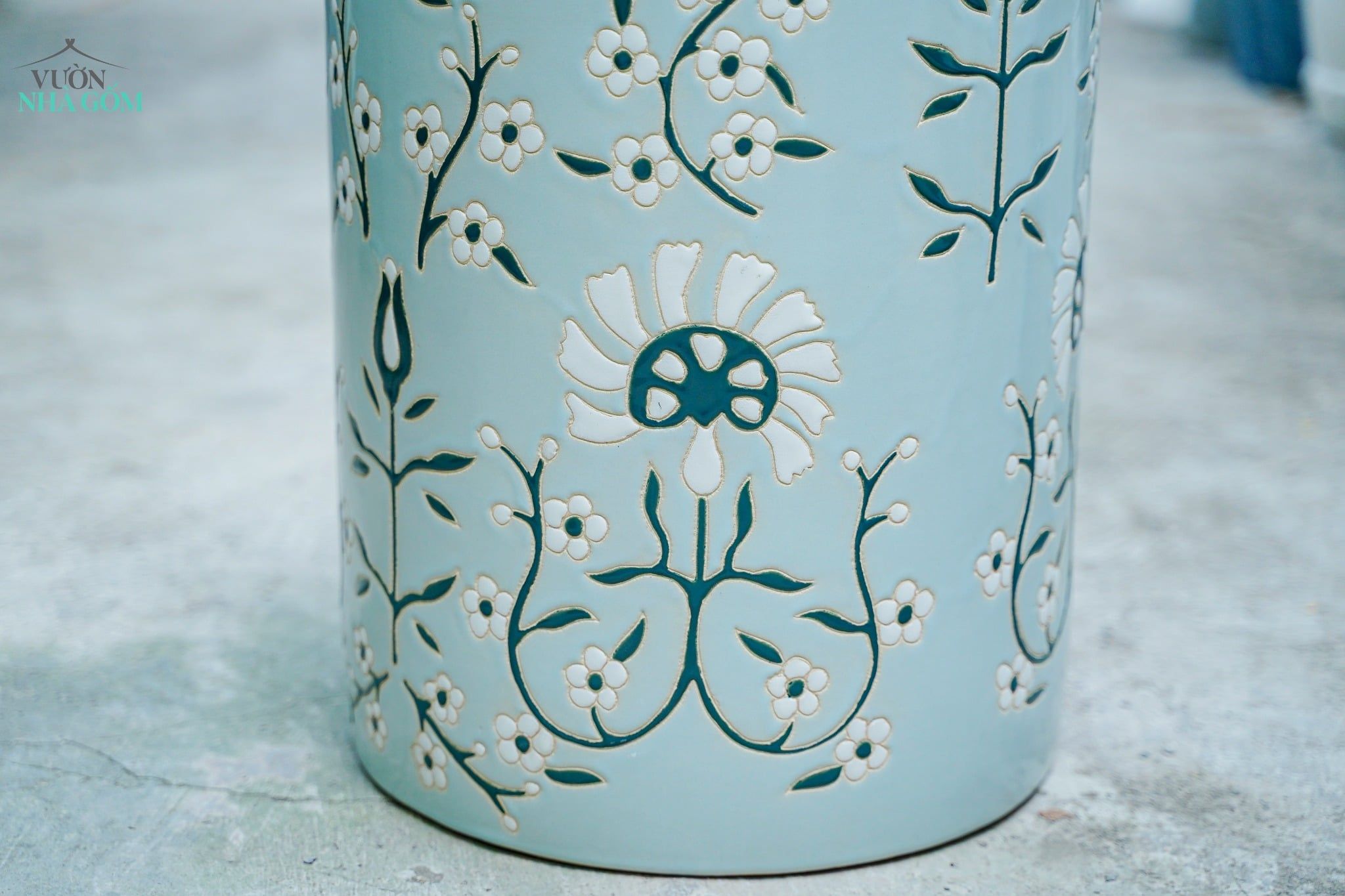  Đôn gốm hiện đại, Đôn Trụ Khắc Hoa, gốm Nam bộ, C46 x R46cm- SP036176 