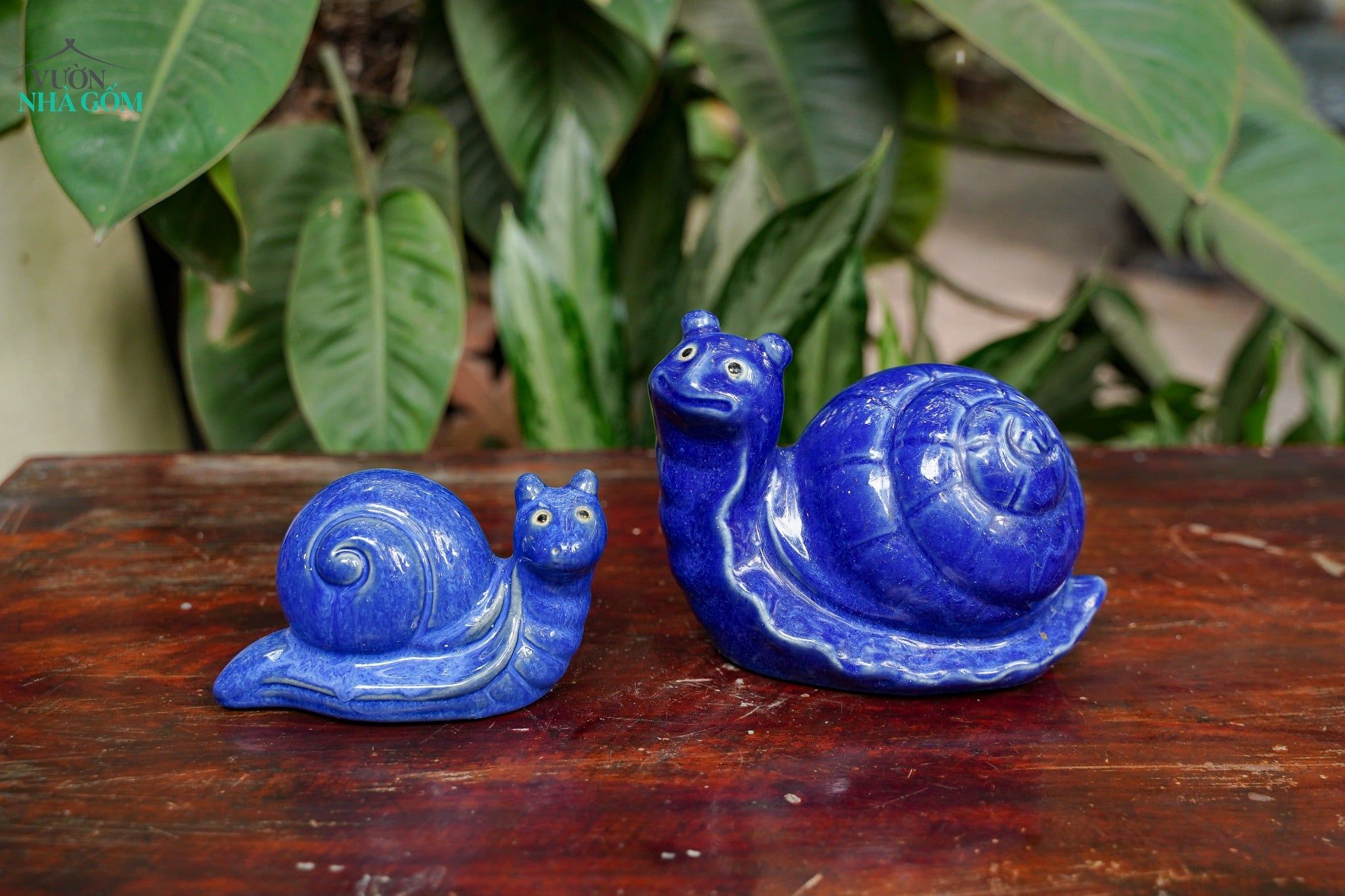  Tượng Thú Gốm Ốc Sên Men Xanh Cobalt, Thú Gốm Trang Trí Hòn Non Bộ, Tượng Gốm Nam Bộ. 