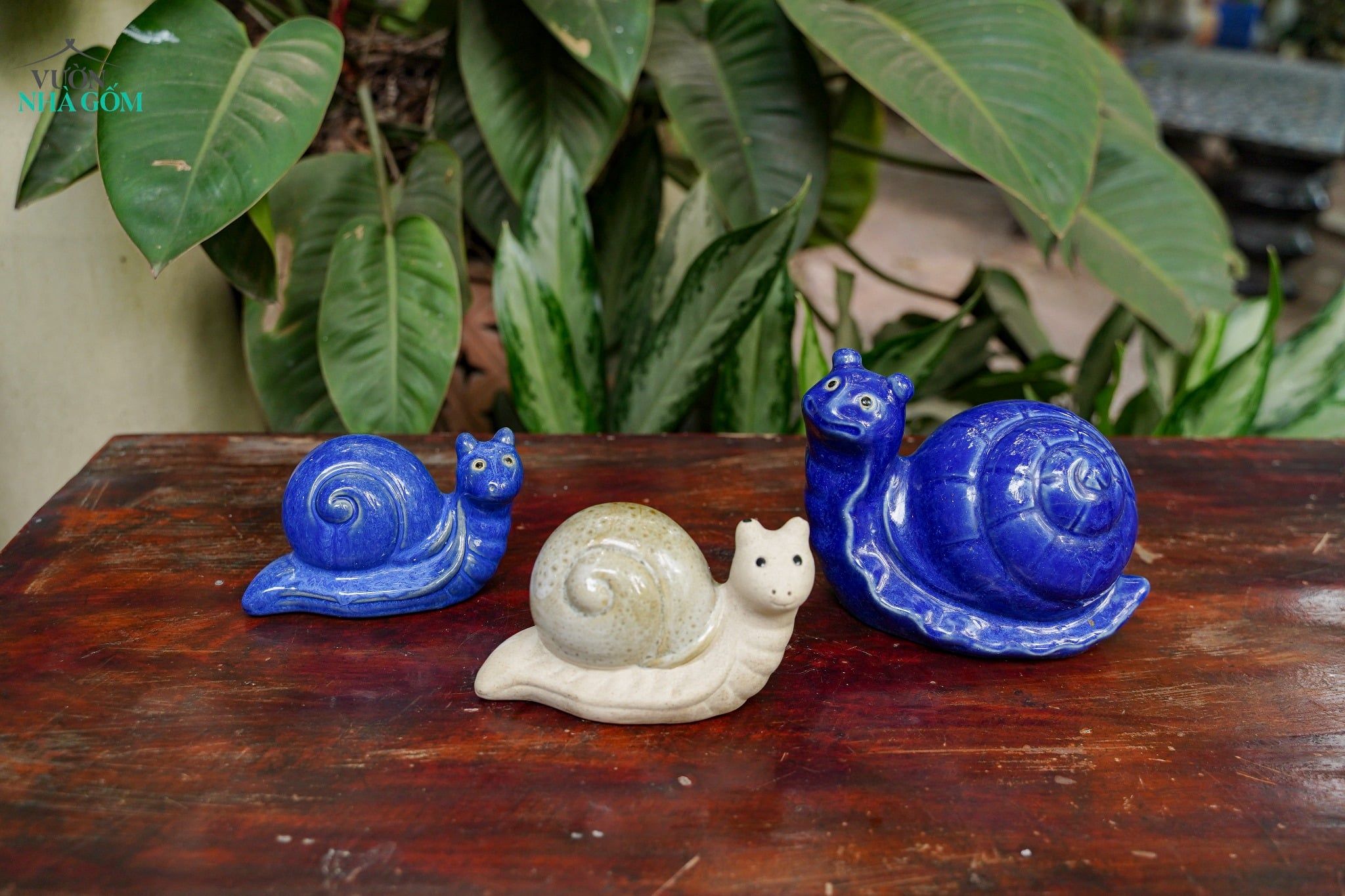  Tượng Thú Gốm Ốc Sên Men Xanh Cobalt, Thú Gốm Trang Trí Hòn Non Bộ, Tượng Gốm Nam Bộ. 