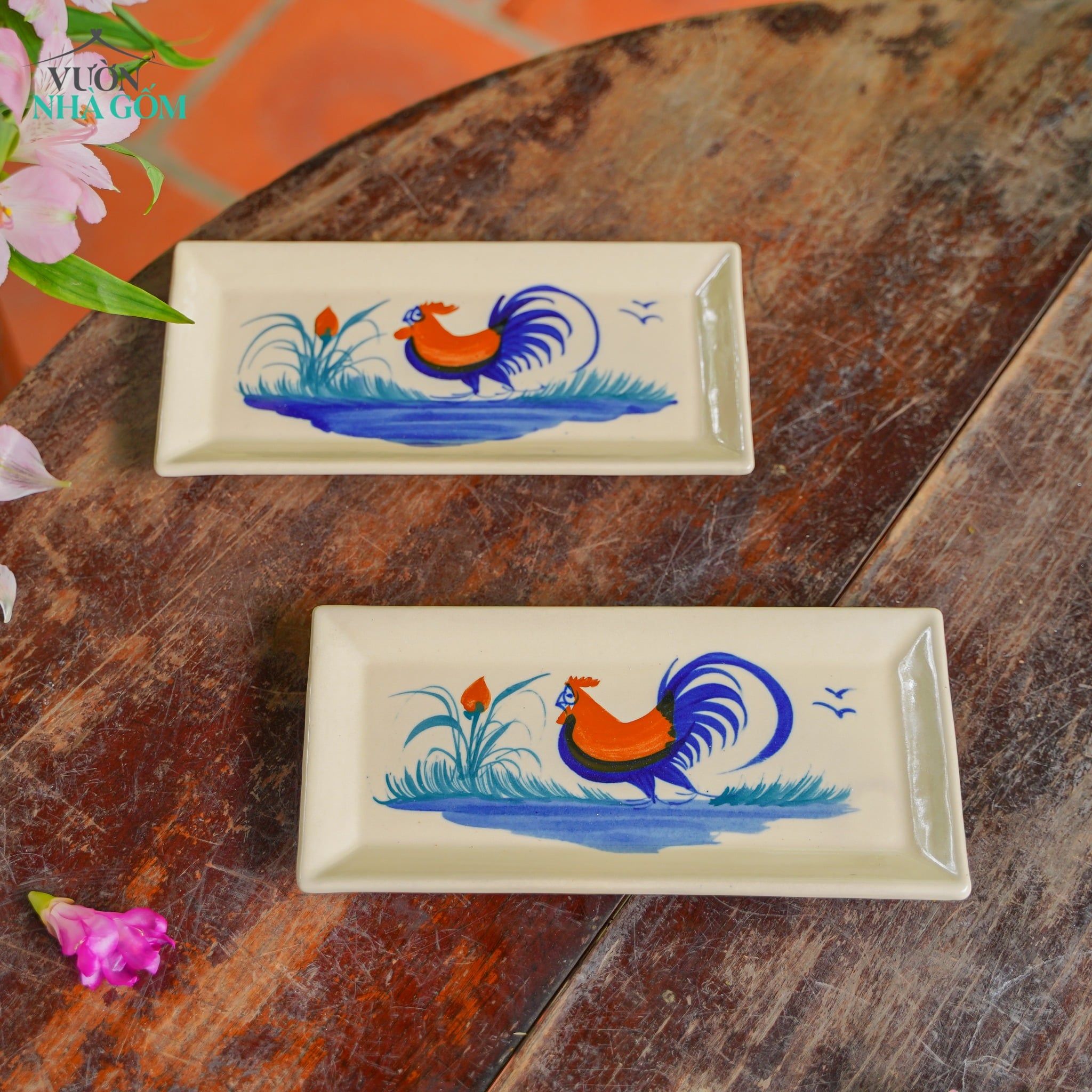  CBLX, Dĩa Chữ Nhật Vẽ Gà - Chén Bát Hiện Đại - Đĩa Salad, Dĩa Đựng Rau 