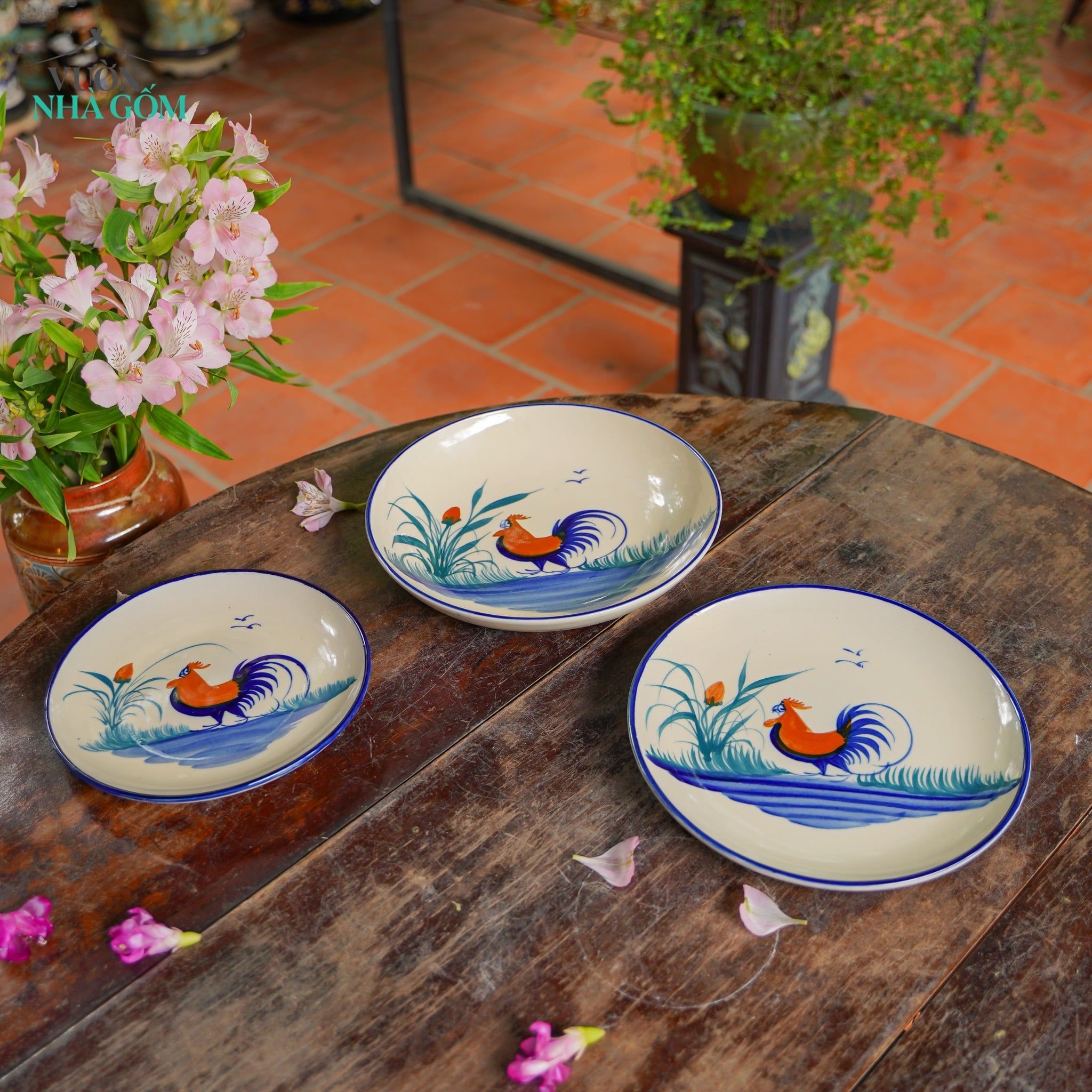  CBLX, Dĩa Dẹt Lớn Vẽ Gà - Chén Bát Hiện Đại - Đĩa Salad, Dĩa Đựng Rau - R22 | R25 | R27 | R30 