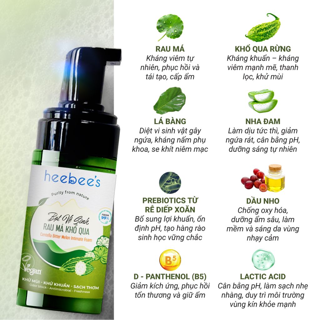 Bọt Vệ Sinh Rau Má Khổ Qua Rừng Thuần Chay Làm Sạch Khuẩn, Kháng Viêm, Khử Mùi 100ML