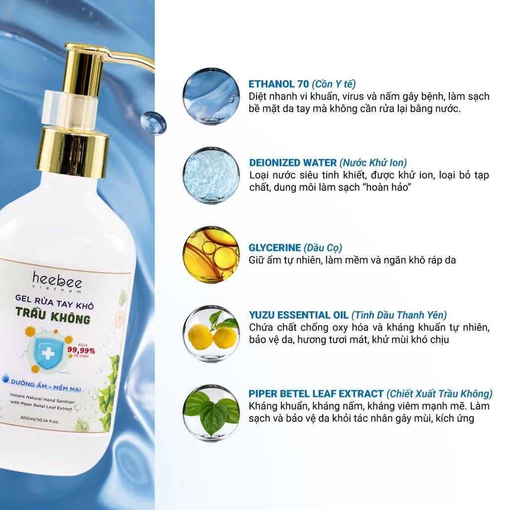 Gel Rửa Tay Khô Trầu Không Dưỡng Ẩm, Khử Mùi, Sạch Khuẩn 99.99% Hand Sanitizer 65 ml - 300 ml
